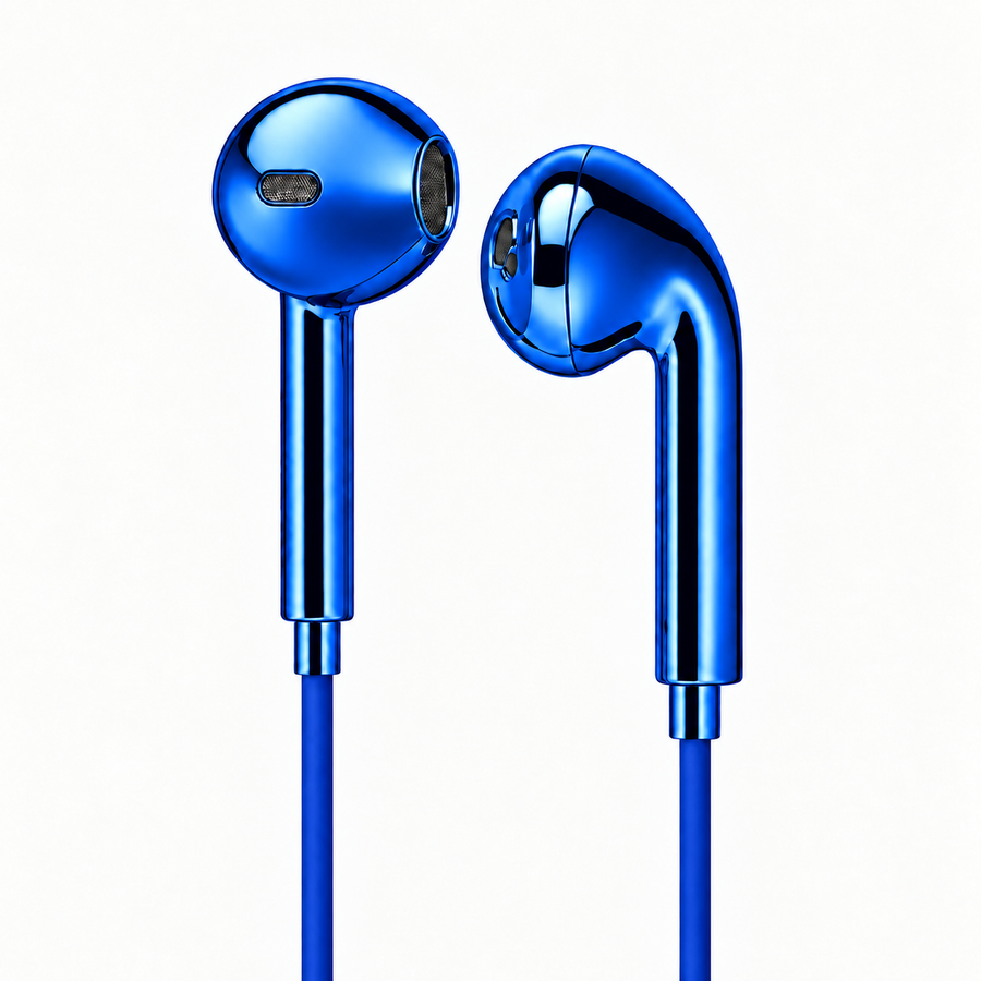 Chroms Blue Lagoon chrome wired earbuds — blue mirror finish