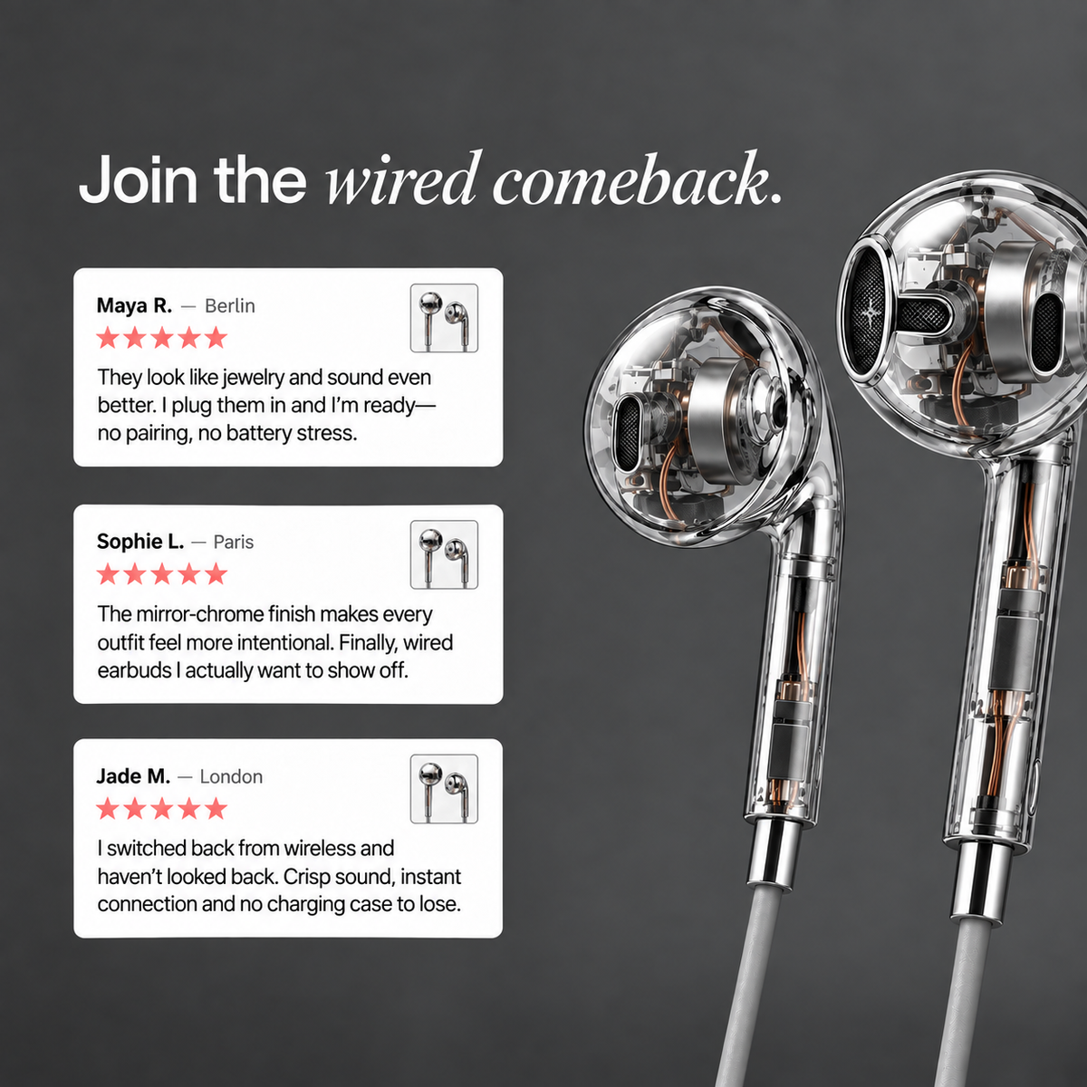 Phantom Clear Chroms wired earbuds lifestyle view