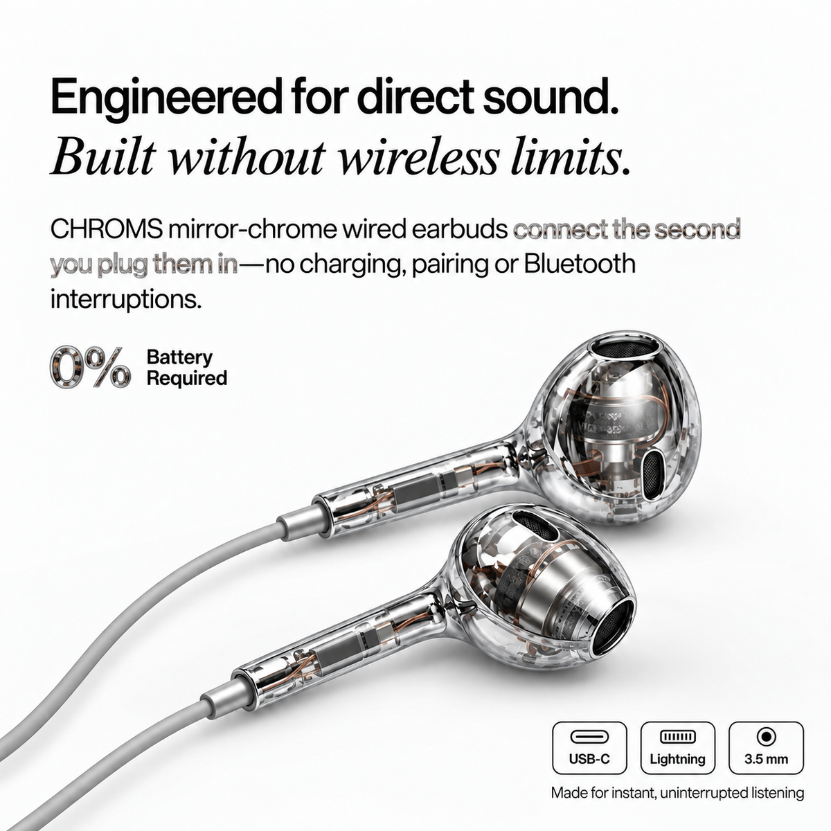 Phantom Clear Chroms wired earbuds with USB-C, Lightning and 3.5mm connectors