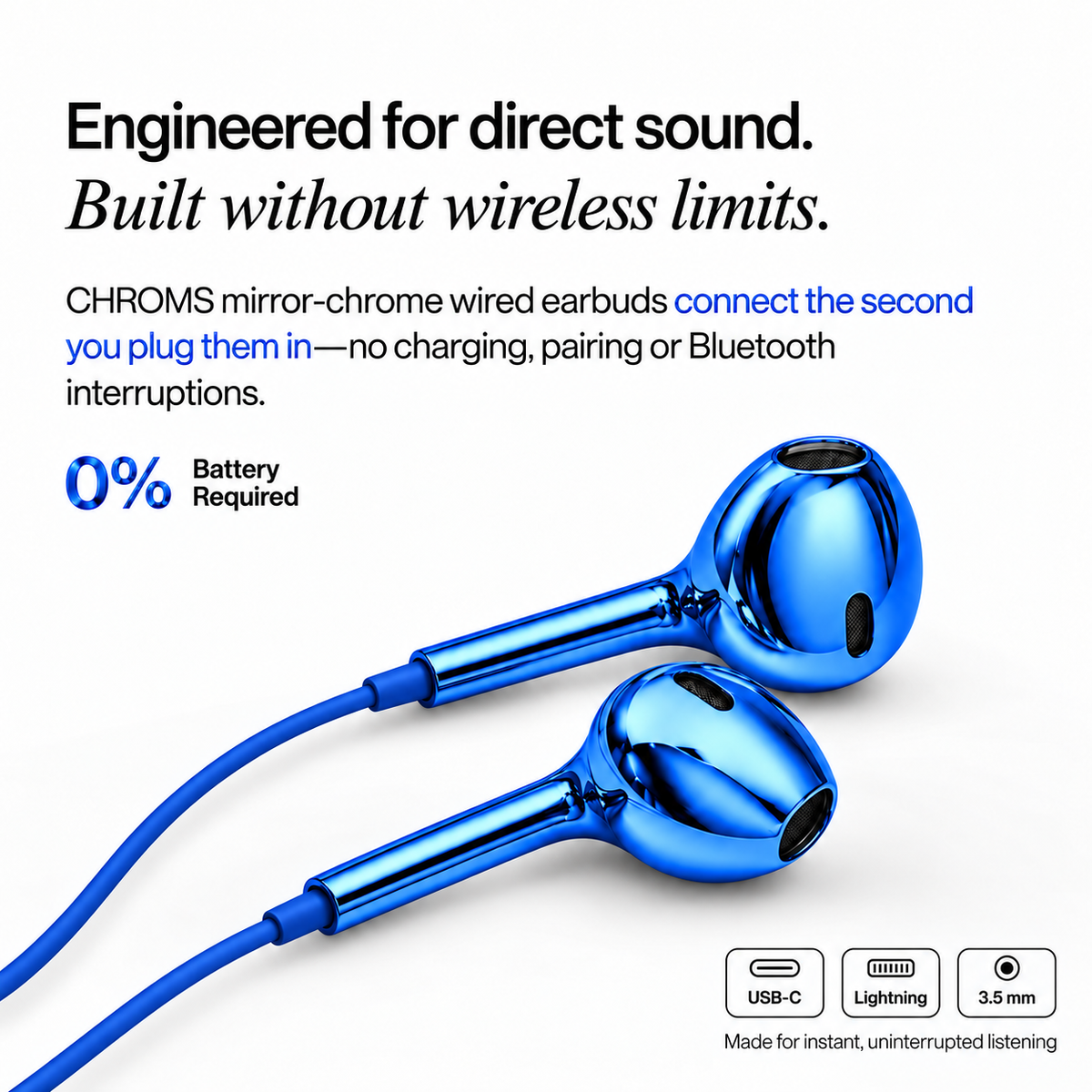 Blue Lagoon Chroms wired earbuds with USB-C, Lightning and 3.5mm connectors