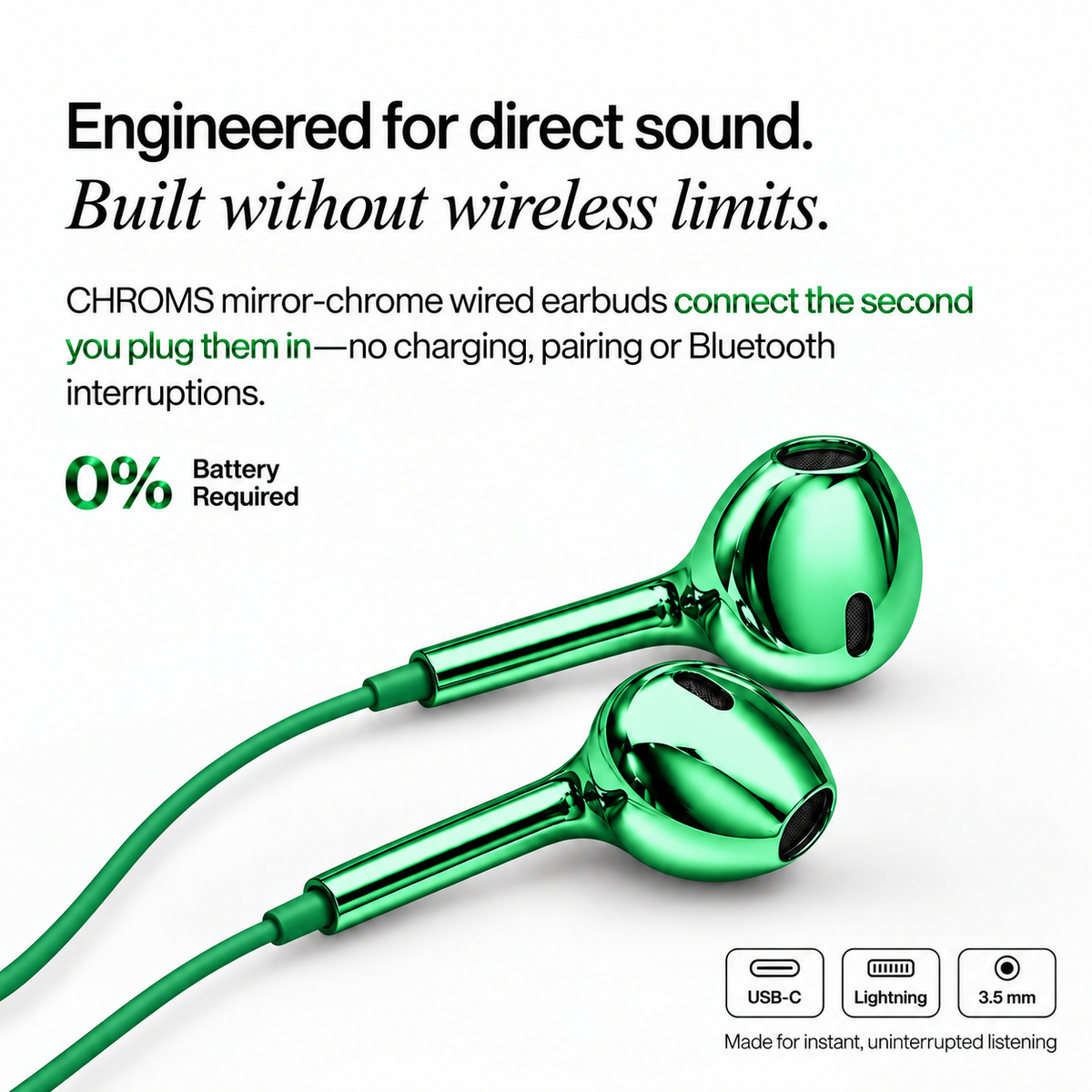 Pine Green Chroms wired earbuds with USB-C, Lightning and 3.5mm connectors