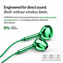 Pine Green Chroms wired earbuds with USB-C, Lightning and 3.5mm connectors