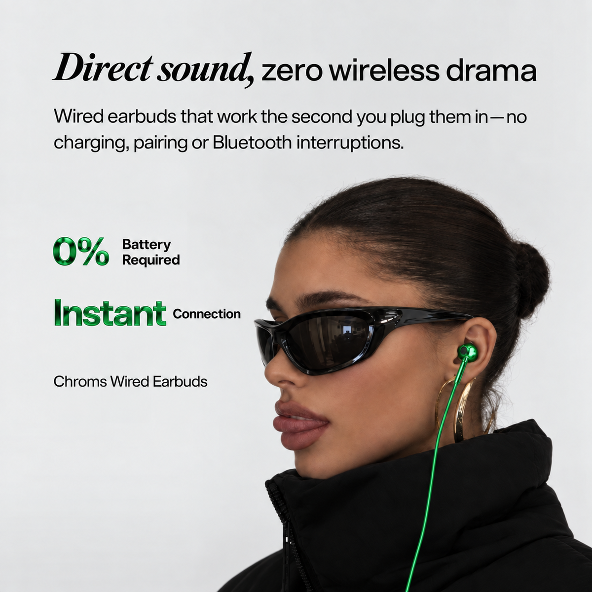 Pine Green Chroms wired earbuds close-up on green chrome housing