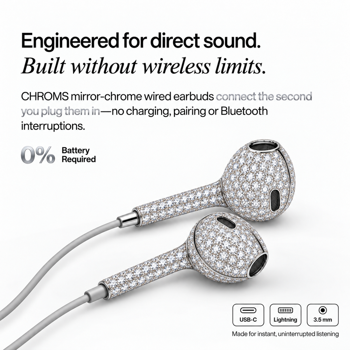 VVS Diamond Chroms wired earbuds with USB-C, Lightning and 3.5mm connectors