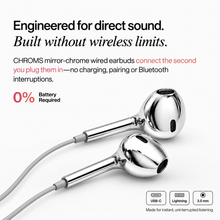 Platinum Frost Chroms wired earbuds with USB-C, Lightning and 3.5mm connectors